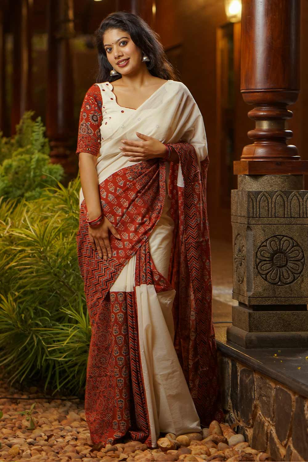 Off White & Red Multi Ajrakh Patch Saree