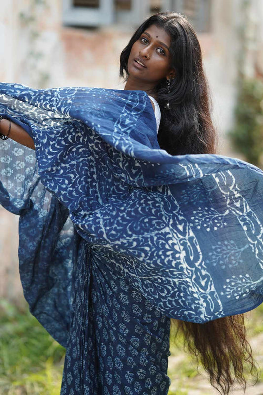Indigo Mul Saree with Flower Print