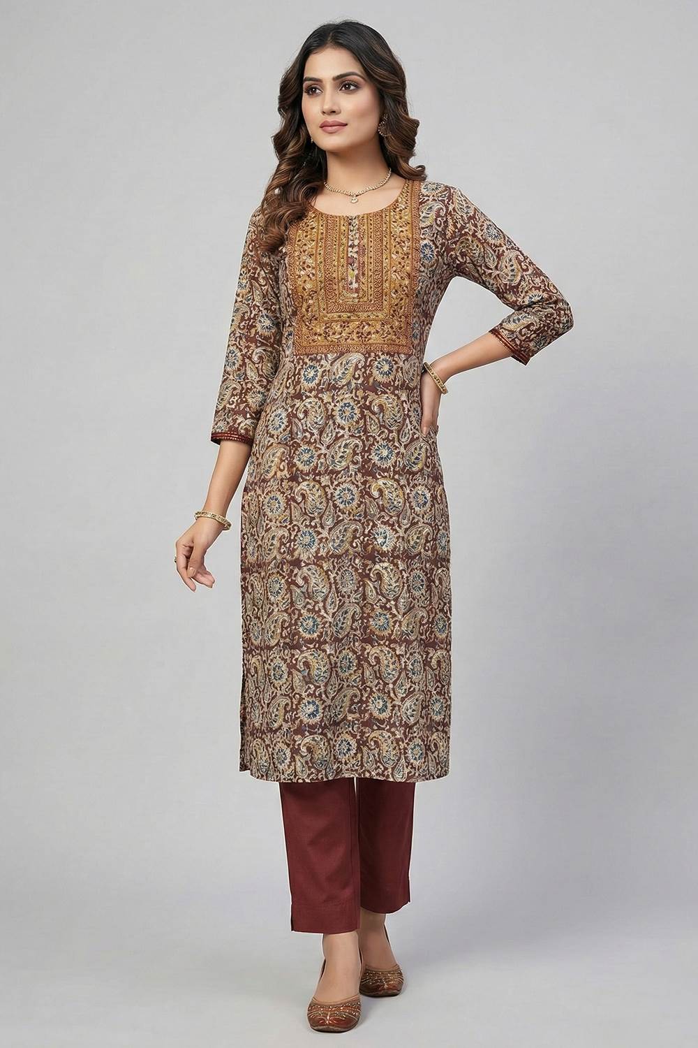 Brown Kalamkari Slitted Kurthi