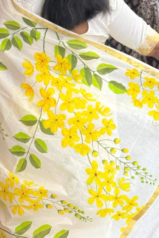 Konnappoo Handpainted Kerala Kasavu Saree