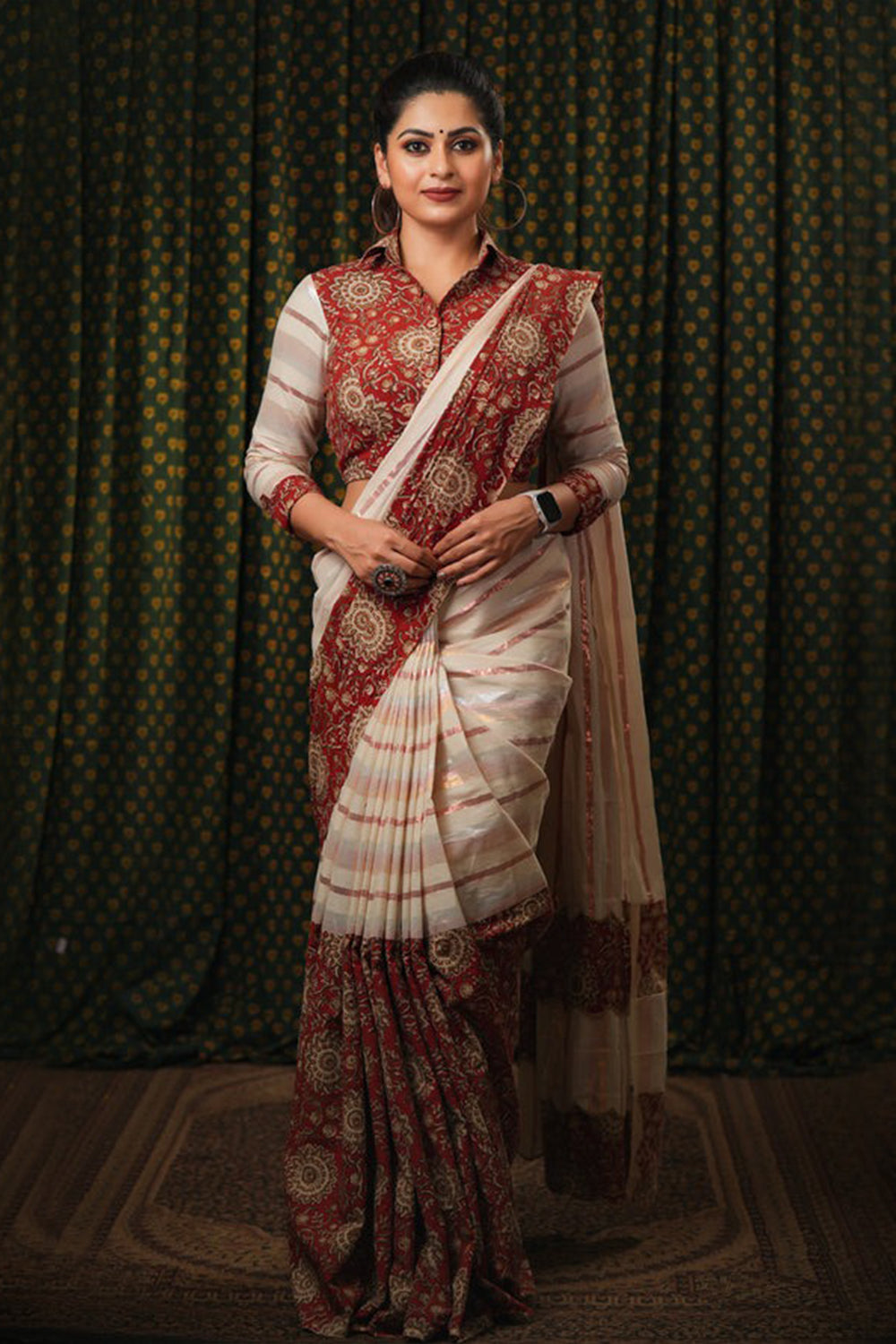 Off-white and Kalamkari Fusion Saree