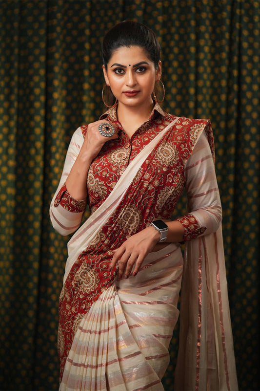 Off-white and Kalamkari Fusion Saree