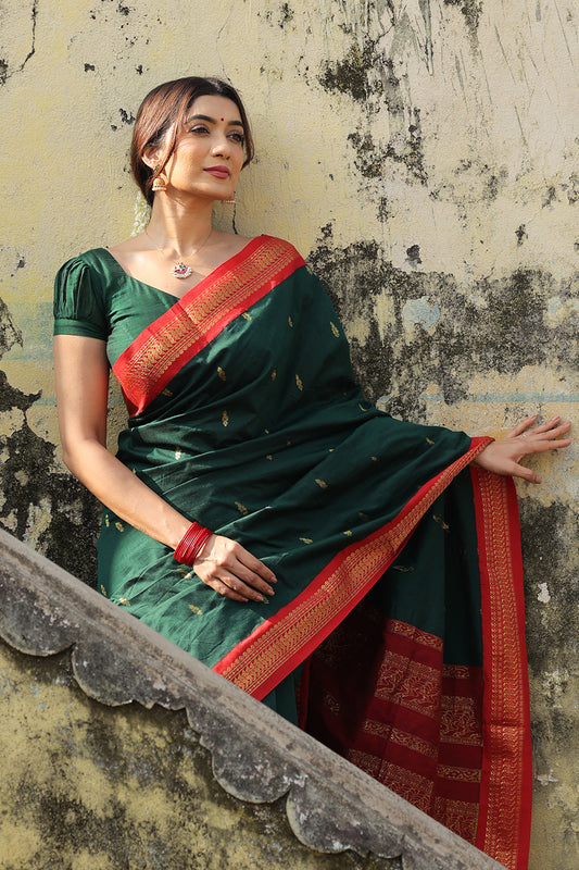 Green Gadwal Cotton Saree with Red Border