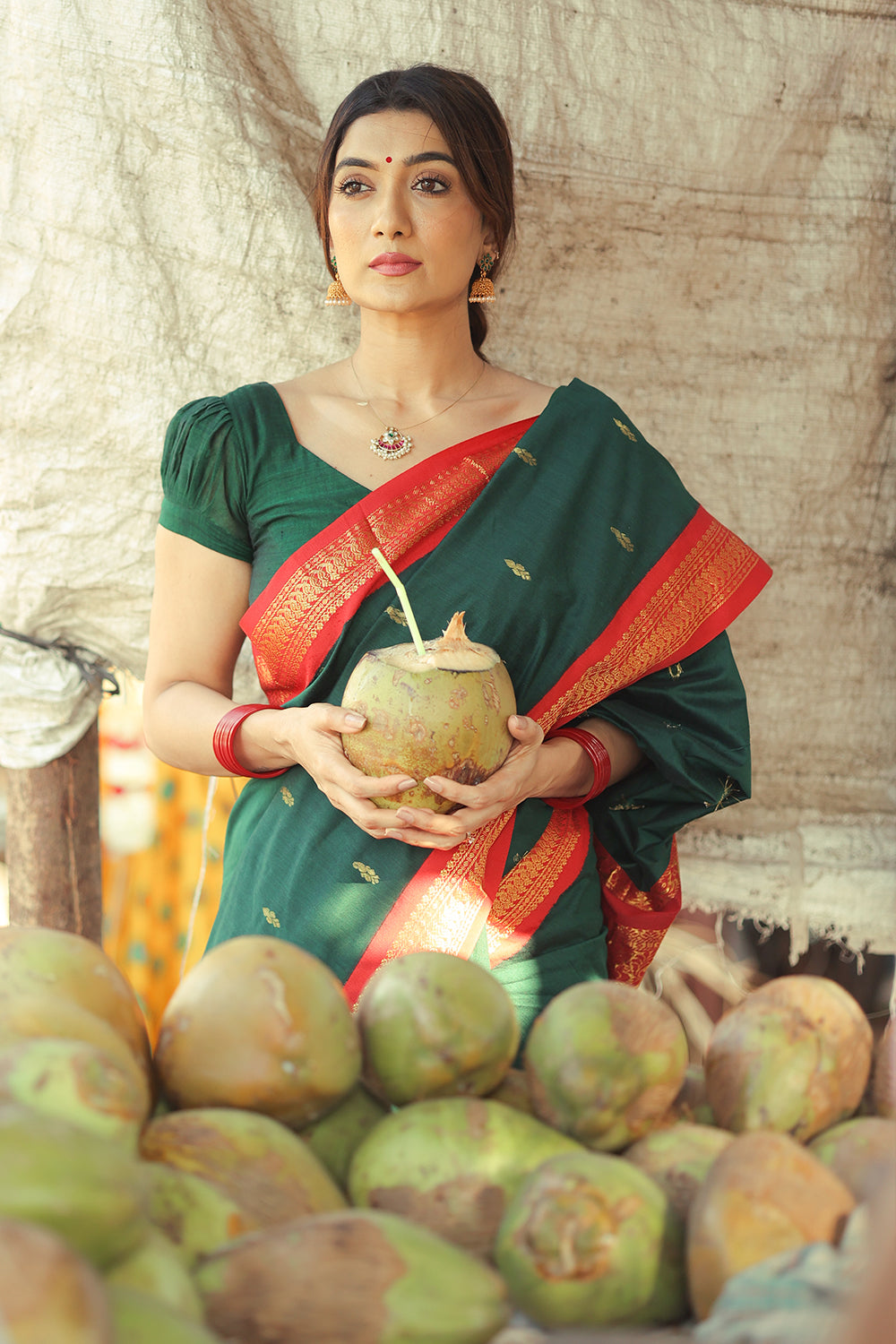 Green Gadwal Cotton Saree with Red Border