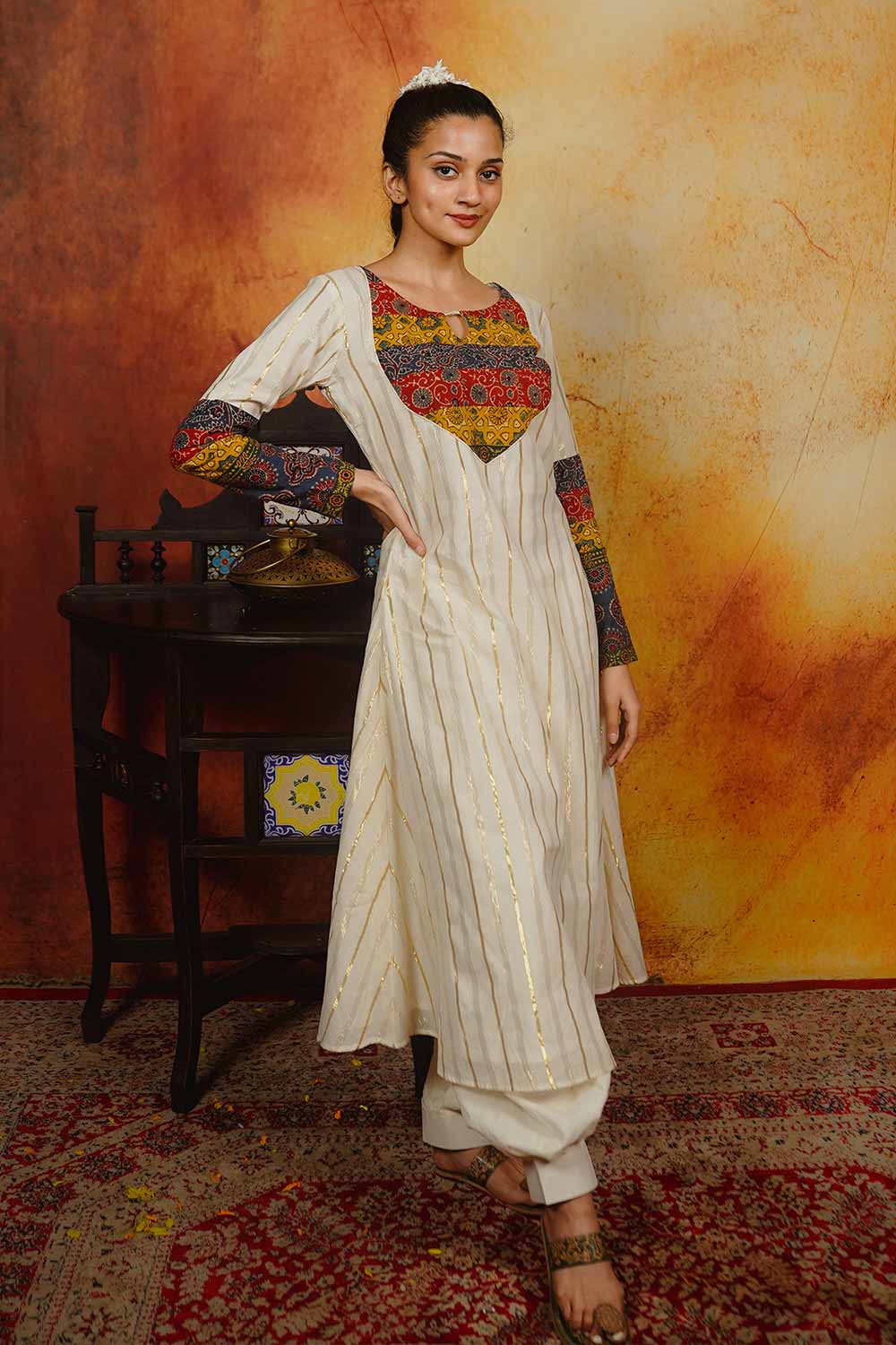 Off-White A-line Kurti with Ajrakh Patch