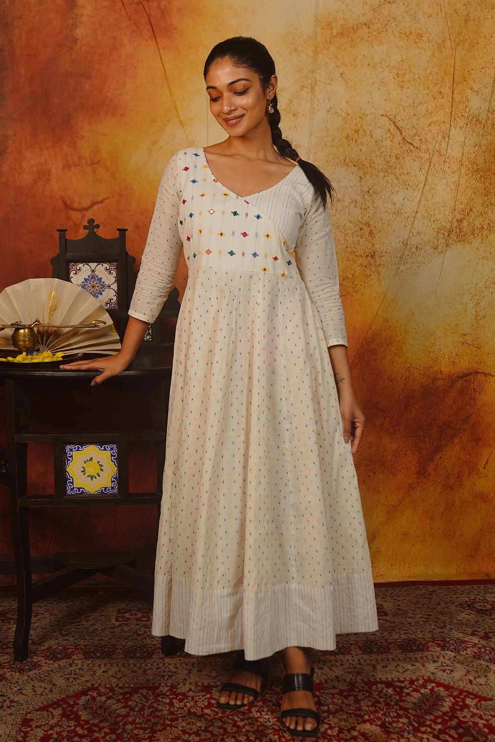 Off-White Anarkali with Multi Colour Butta