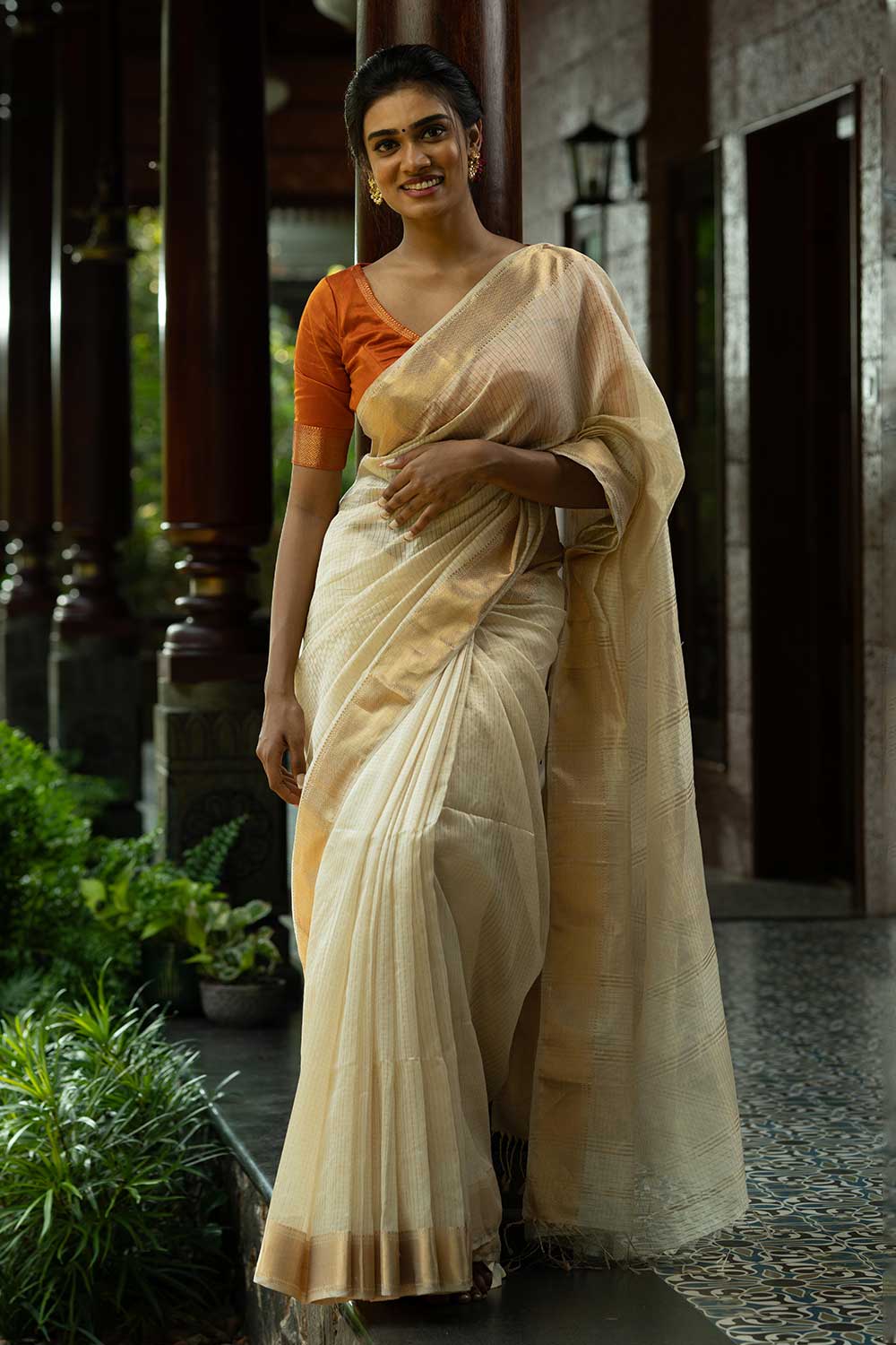 Off White Maheshwari Silk Saree with Golden Checks Byhand