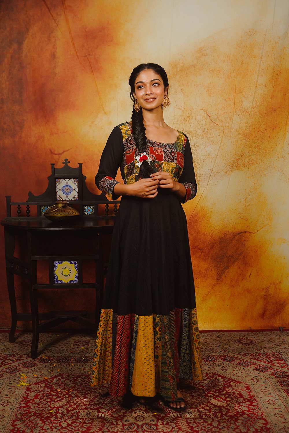 Black Anarkali with Ajrakh patch work