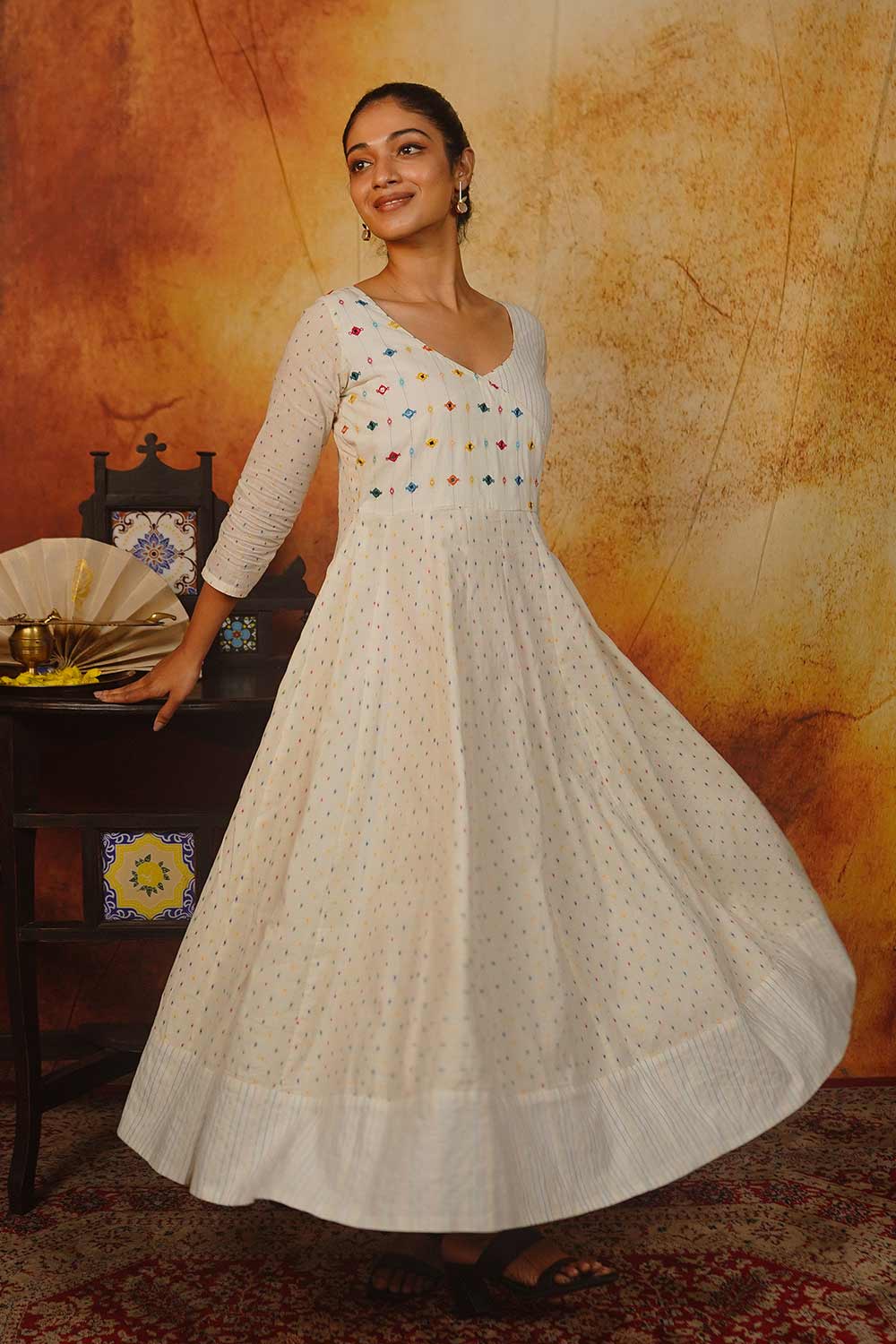Off-White Anarkali with Multi Colour Butta