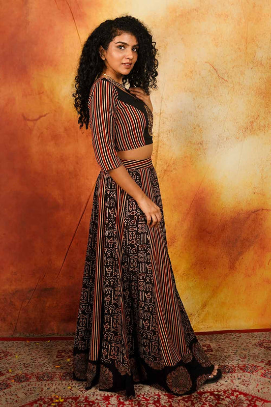 Maroon Black Ajrakh Warli & Stripes Skirt