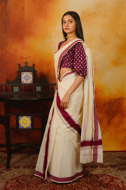 Kerala Set & Mundu with Purple Temple Border