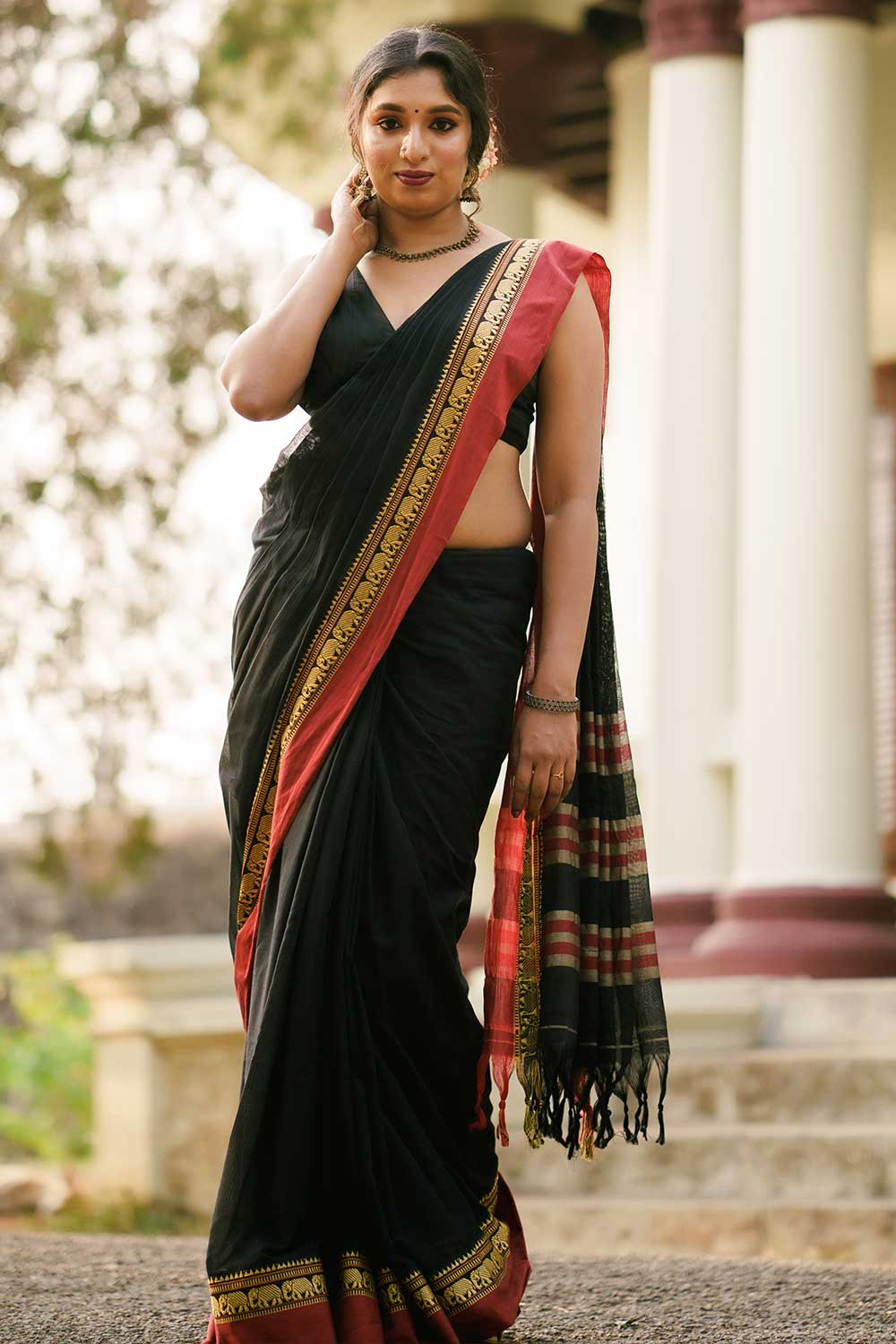 Handloom Cotton Saree Black with Red Border