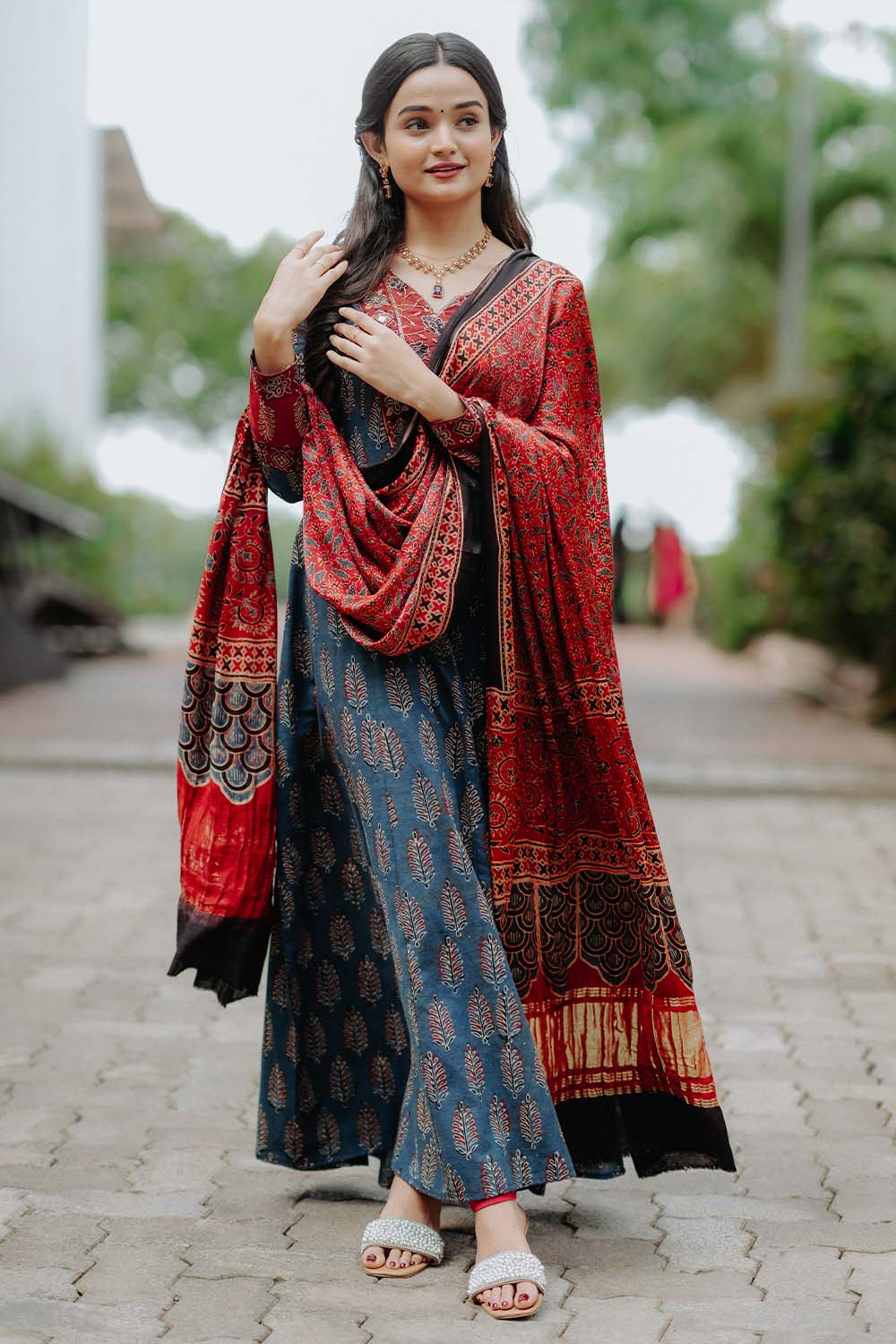 Red Base Blue & Black Floral Ajrakh Modal Dupatta