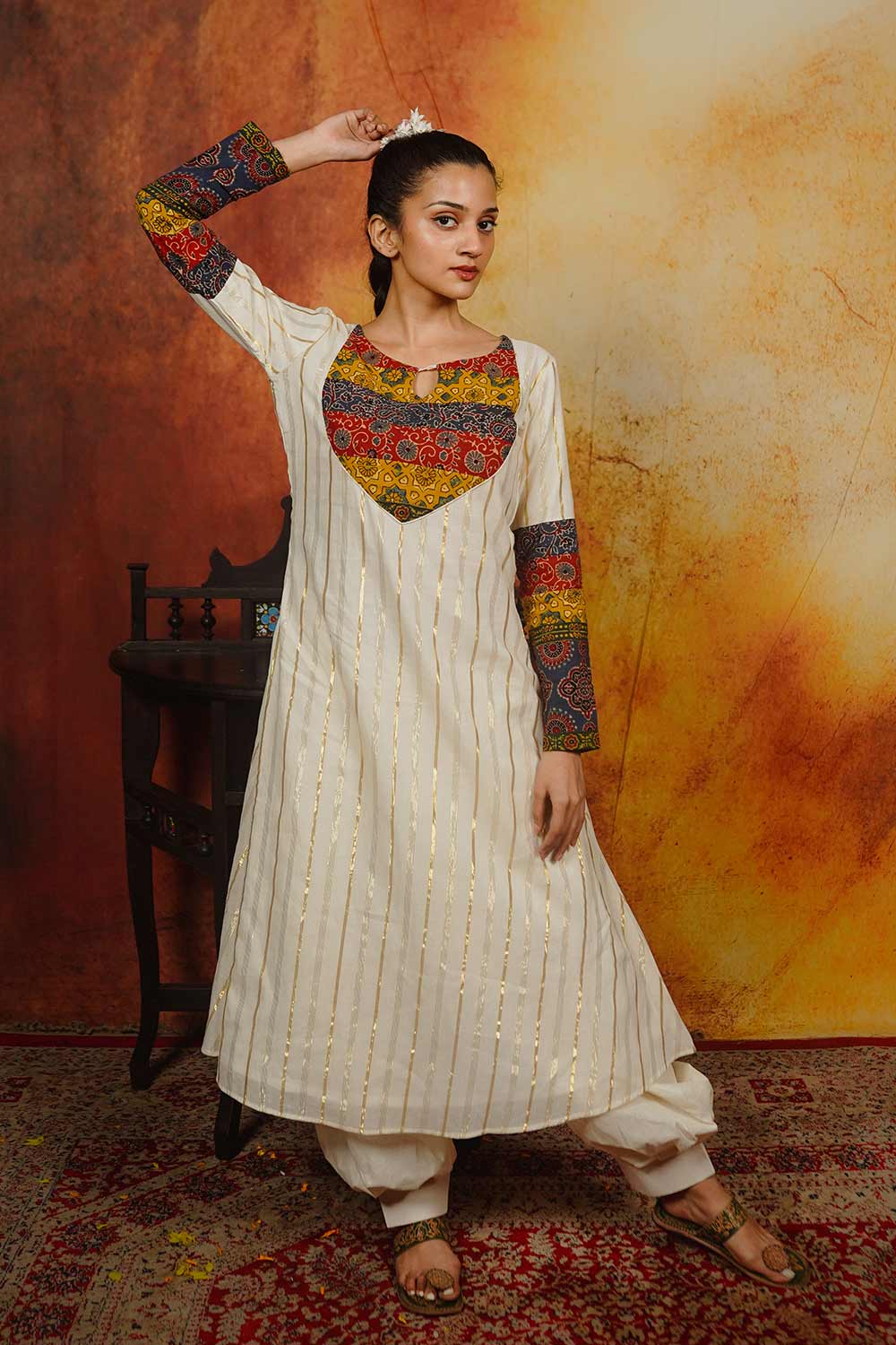 Off-White A-line Kurti with Ajrakh Patch