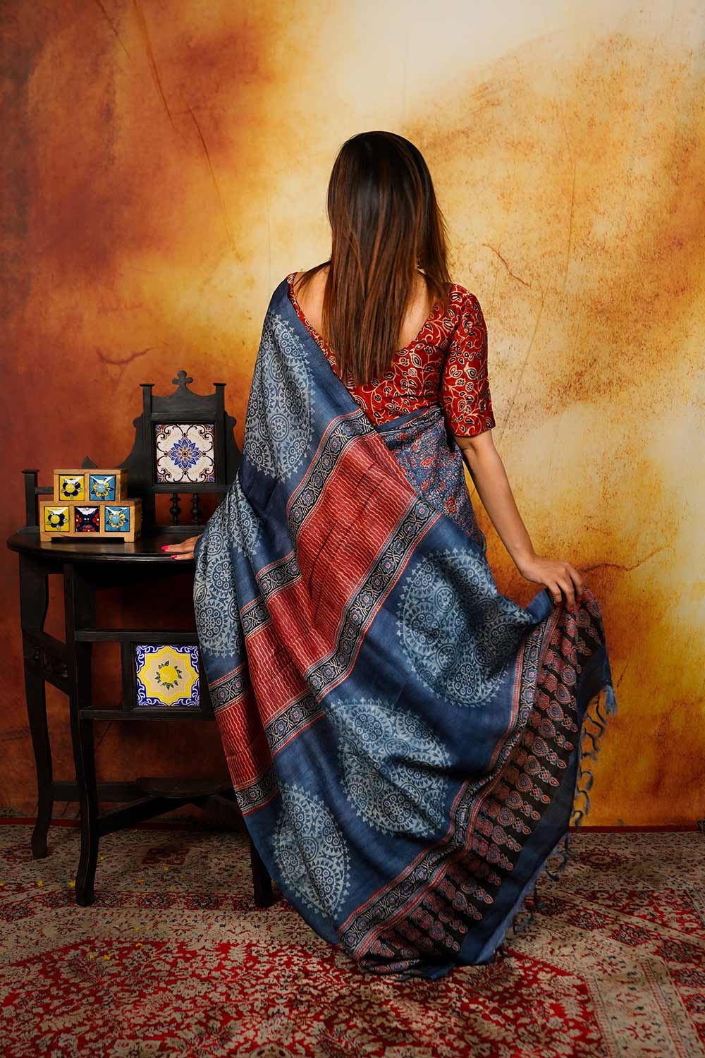 Ajrakh Printed Tussar Silk Saree
