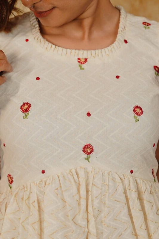 Off-White Top with Red Floral Embroidery