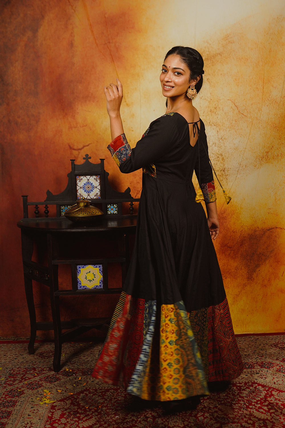Black Anarkali with Ajrakh patch work