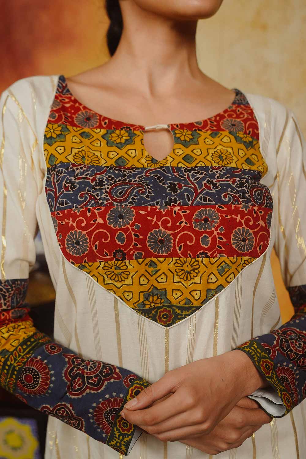 Off-White A-line Kurti with Ajrakh Patch