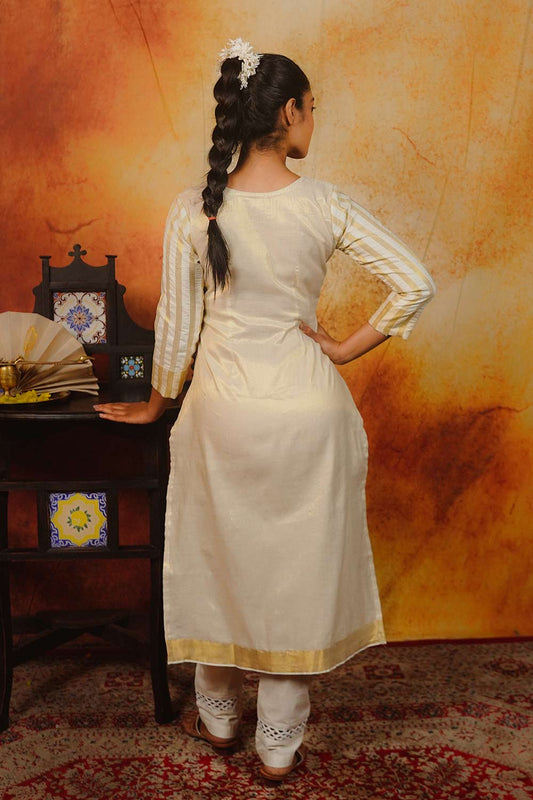 Off-White Kurti with Striped Overlapping Neck