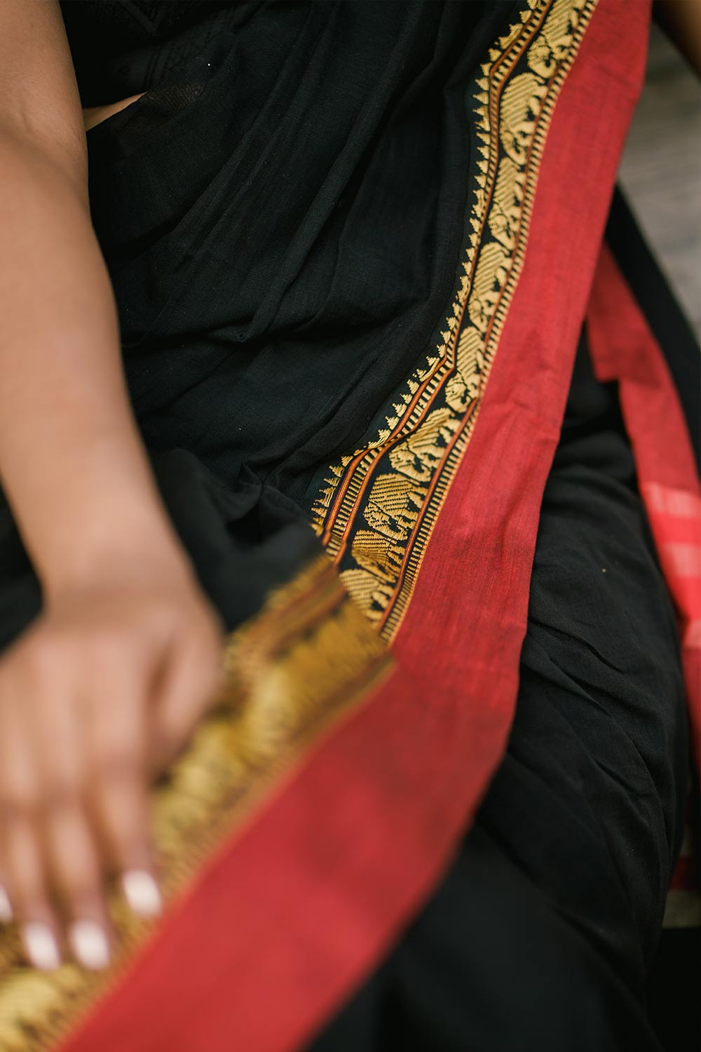 Handloom Cotton Saree Black with Red Border