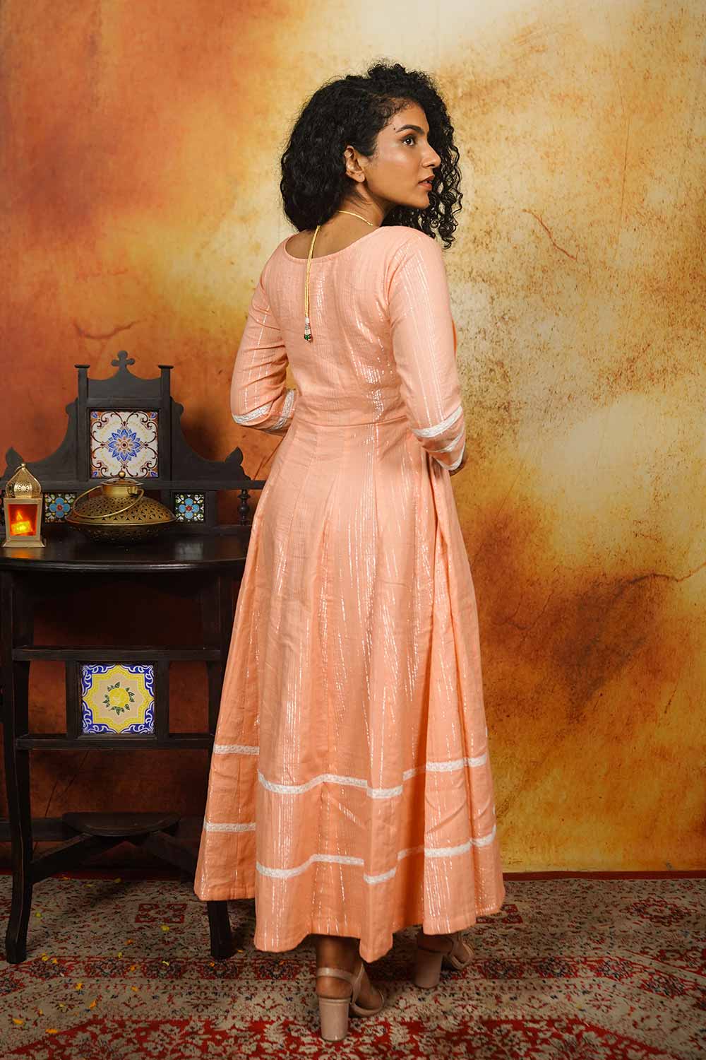 Peach Anarkali with Silver Zari Stripes
