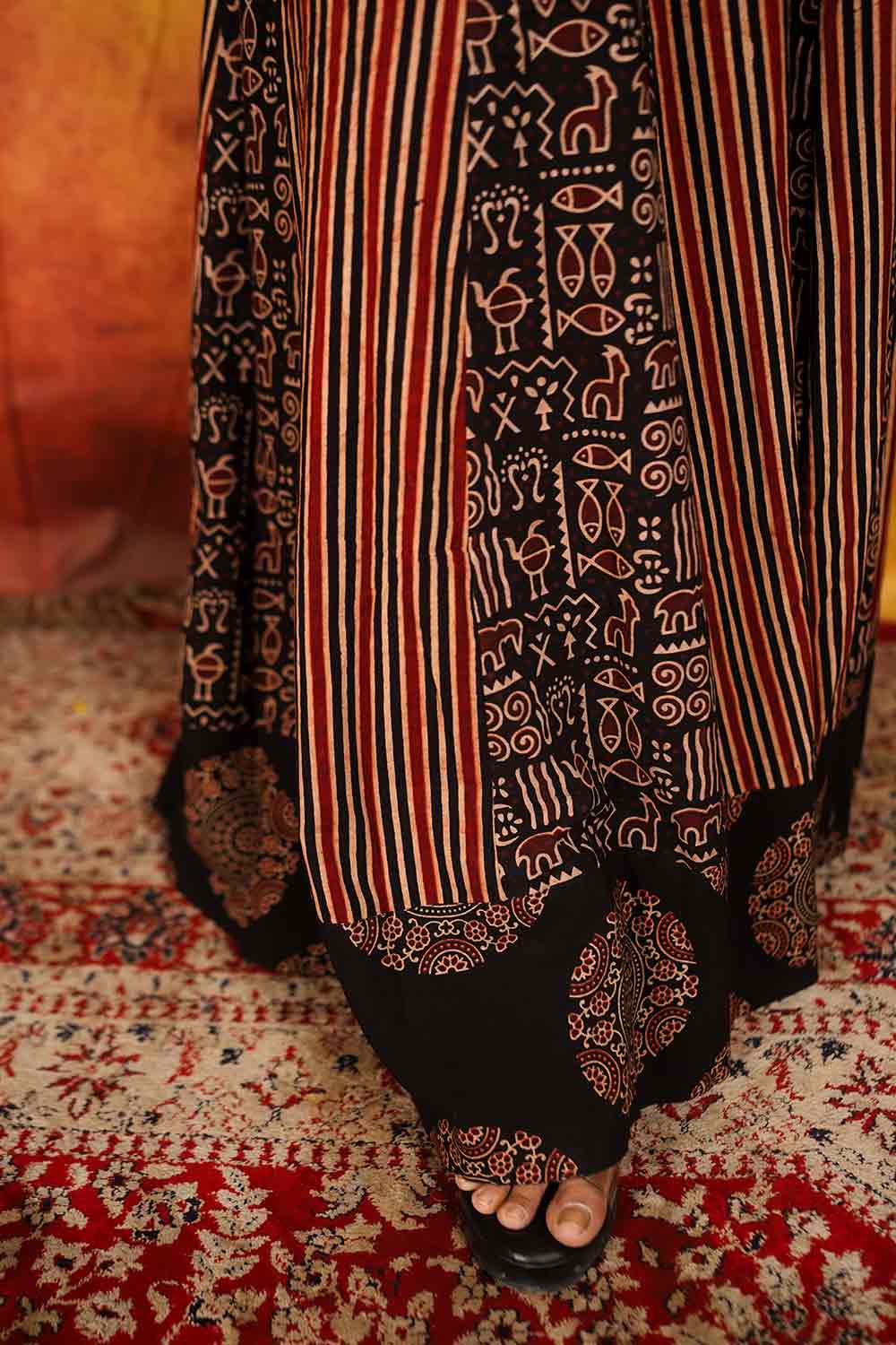 Maroon Black Ajrakh Warli & Stripes Skirt