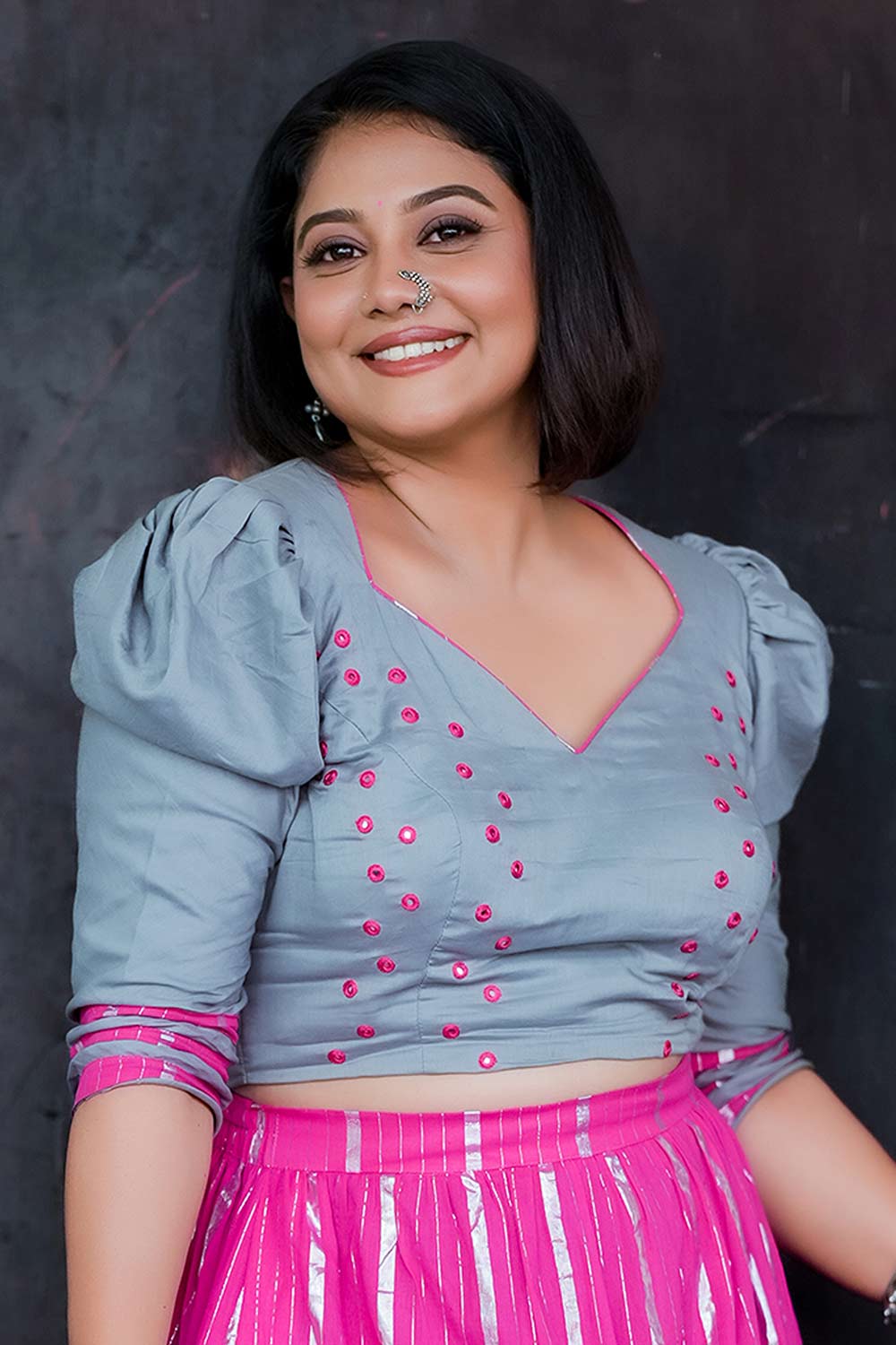 Grey & Magenta Blouse