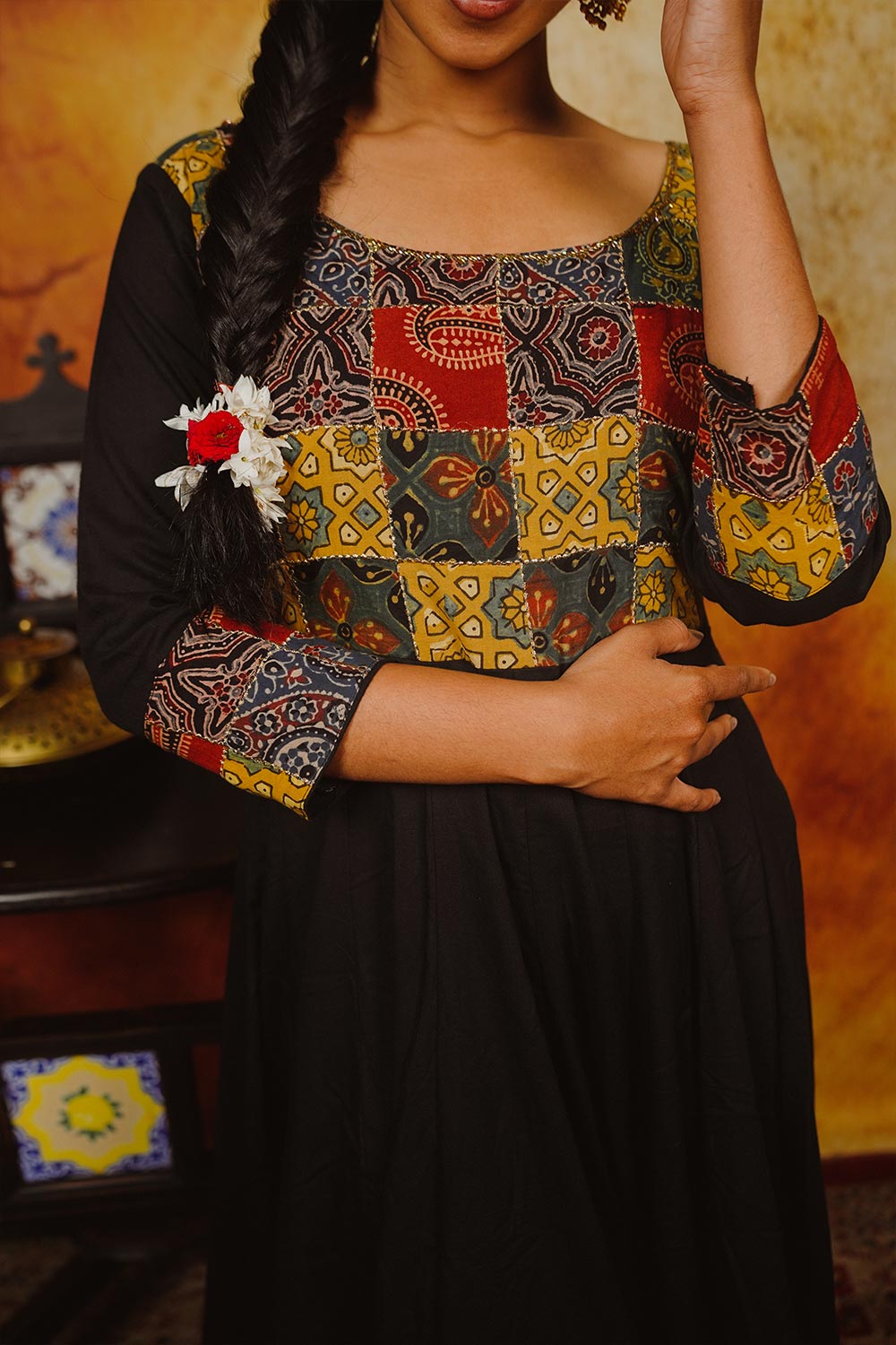 Black Anarkali with Ajrakh patch work