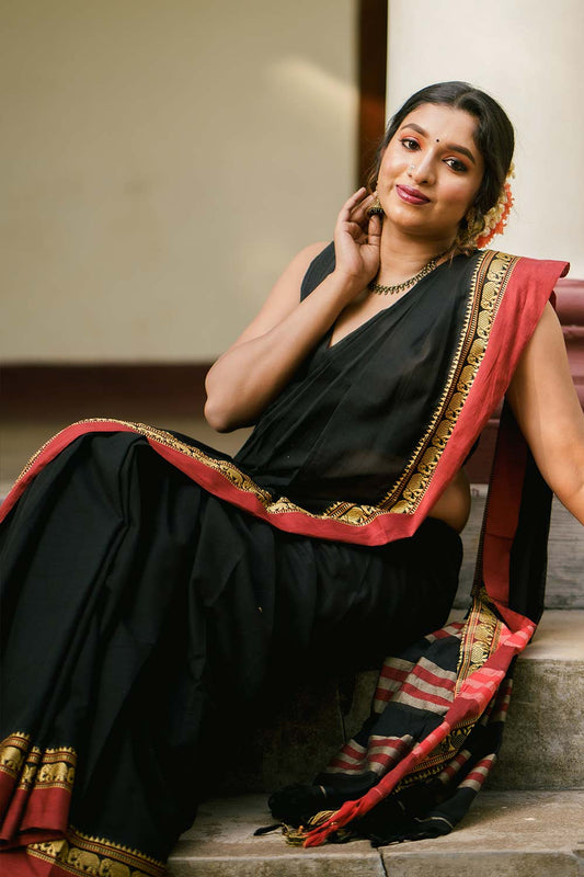 Handloom Cotton Saree Black with Red Border