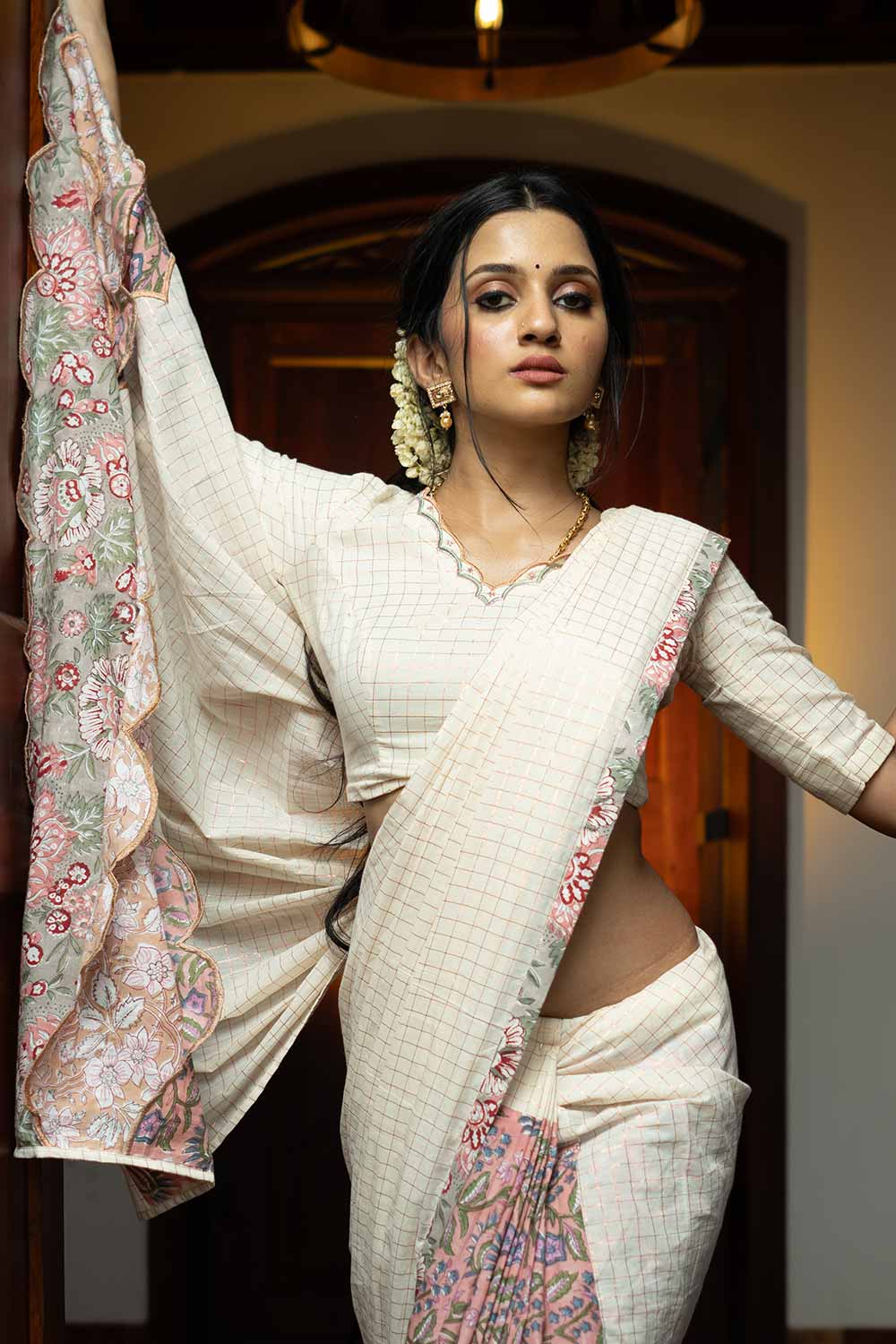 Off-white Blouse with Copper Checks & Scallops