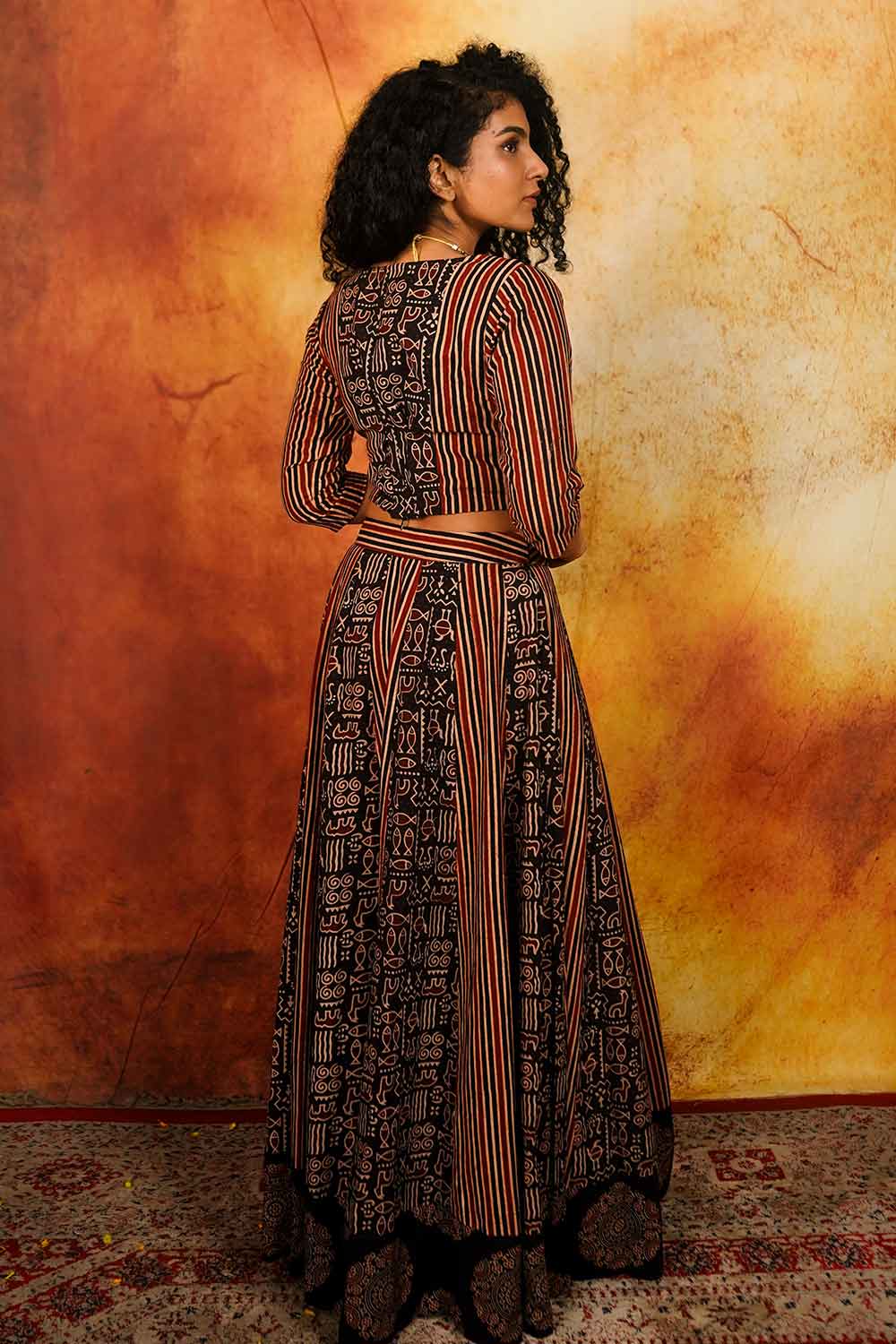 Maroon Black Ajrakh Warli & Stripes Skirt