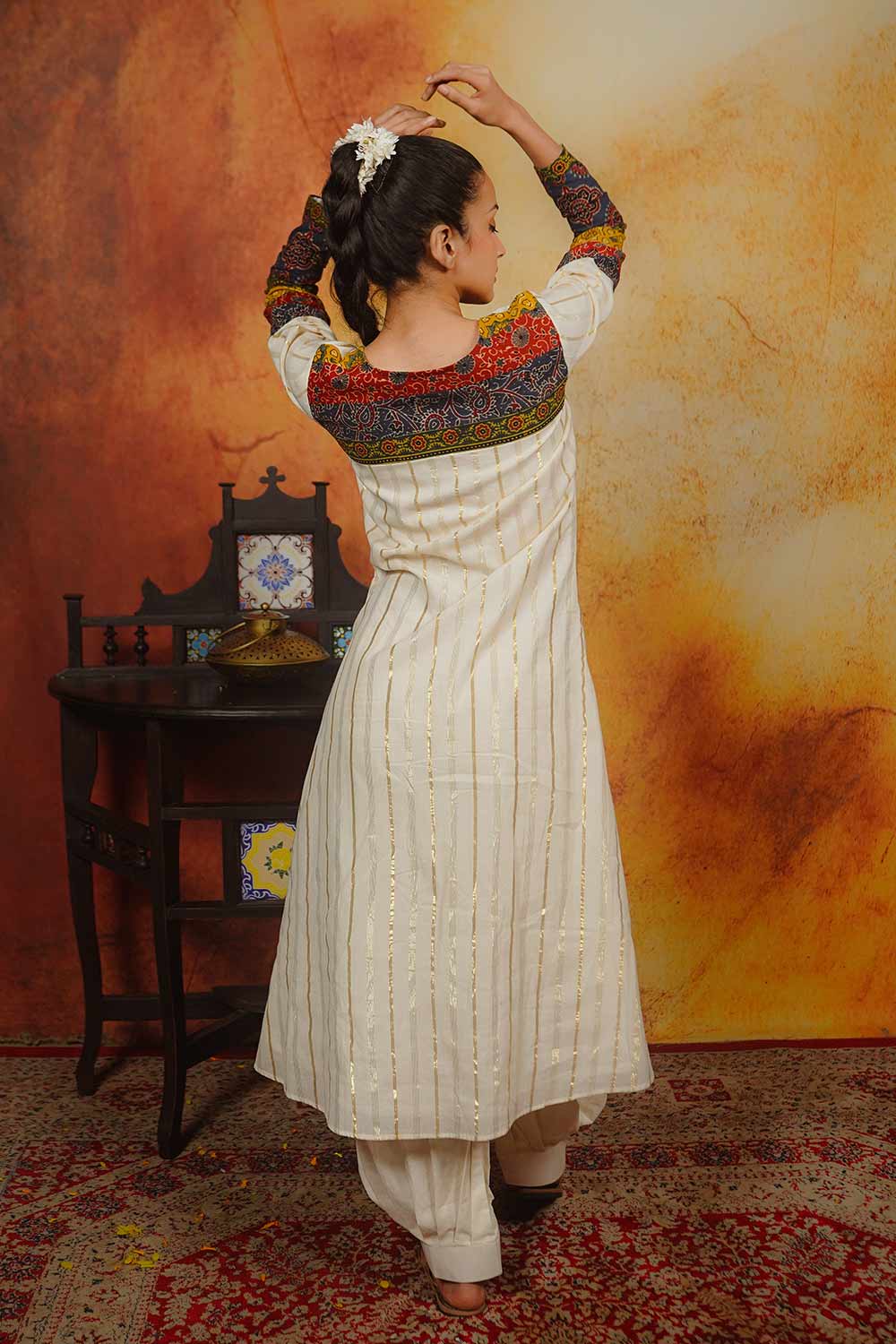 Off-White A-line Kurti with Ajrakh Patch