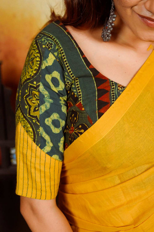 Yellow & Green Ajrakh Blouse with Embroidery