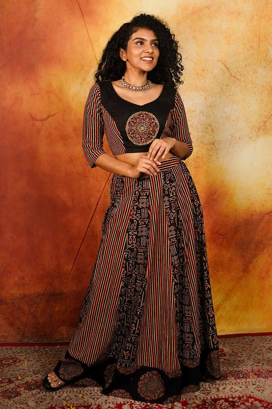 Maroon Black Ajrakh Warli & Stripes Skirt