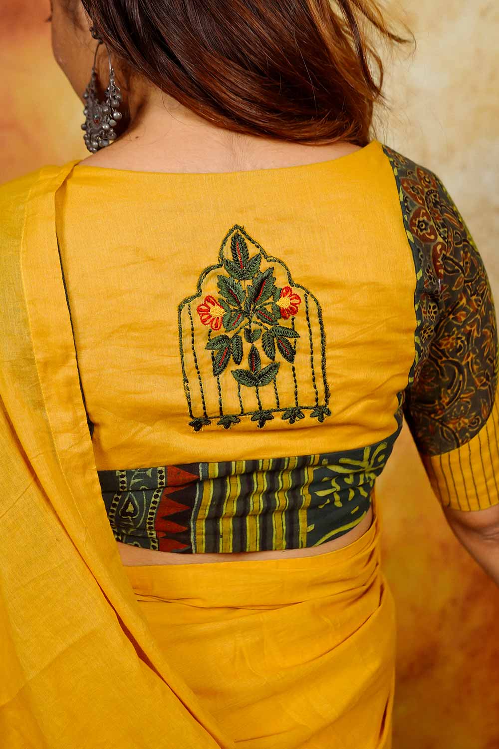 Yellow & Green Ajrakh Blouse with Embroidery