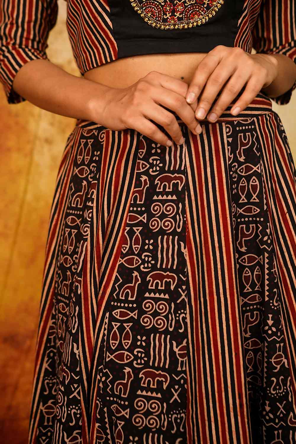 Maroon Black Ajrakh Warli & Stripes Skirt
