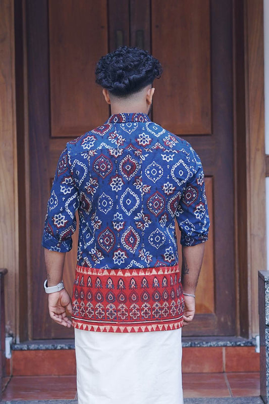 Blue Ajrakh Full Sleeve Shirt with Ajrakh Border