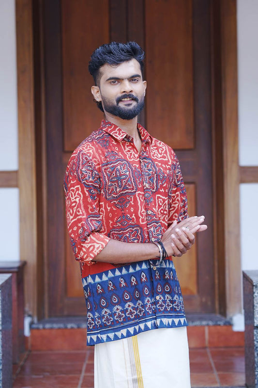Red Ajrakh Full Sleeve Shirt with Blue Border