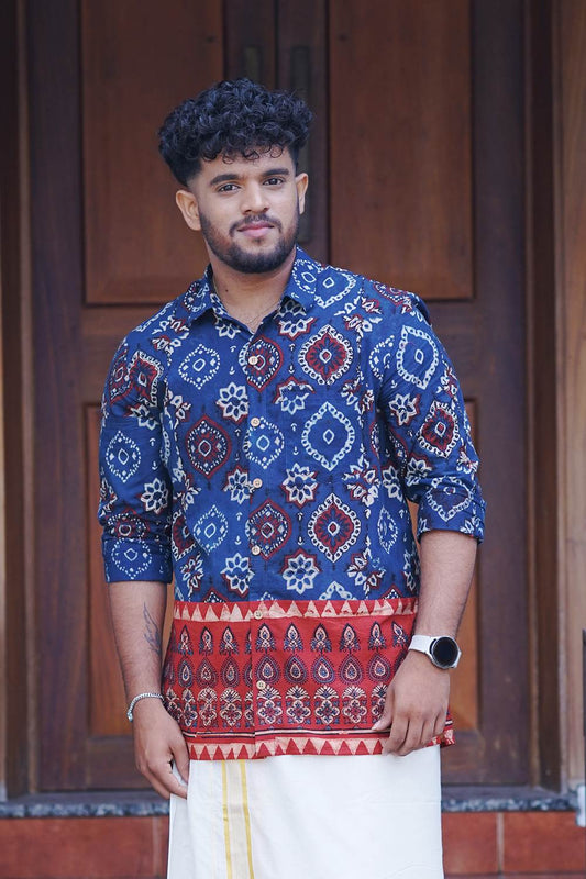 Blue Ajrakh Full Sleeve Shirt with Ajrakh Border