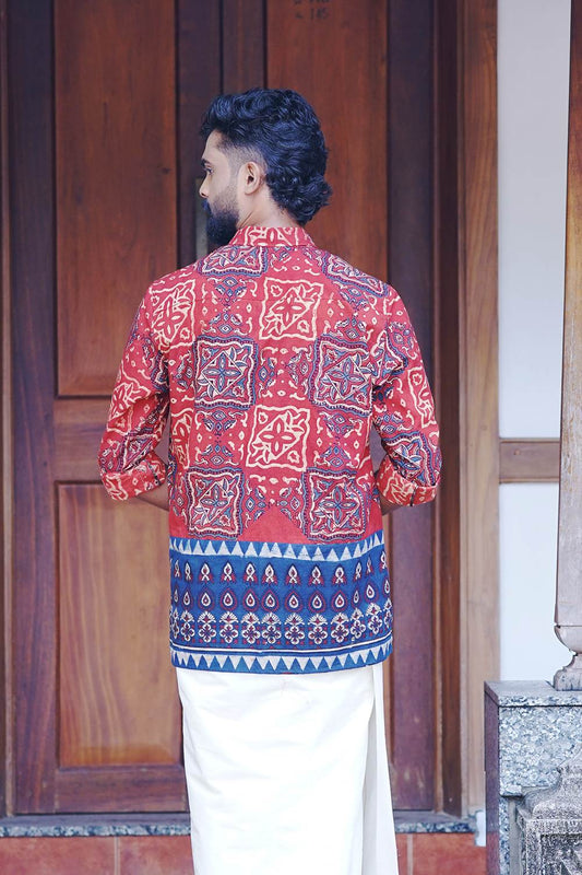 Red Ajrakh Full Sleeve Shirt with Blue Border