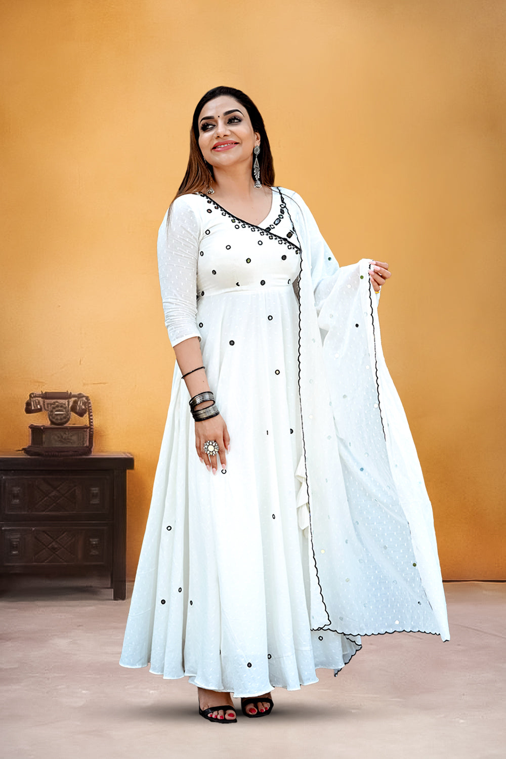 White Umbrella Cut Anarkali with Black Mirror Work White Umbrella Cut Anarkali with Black Mirror Work