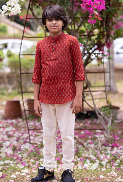 Red Ajrakh Boys Short Kurta