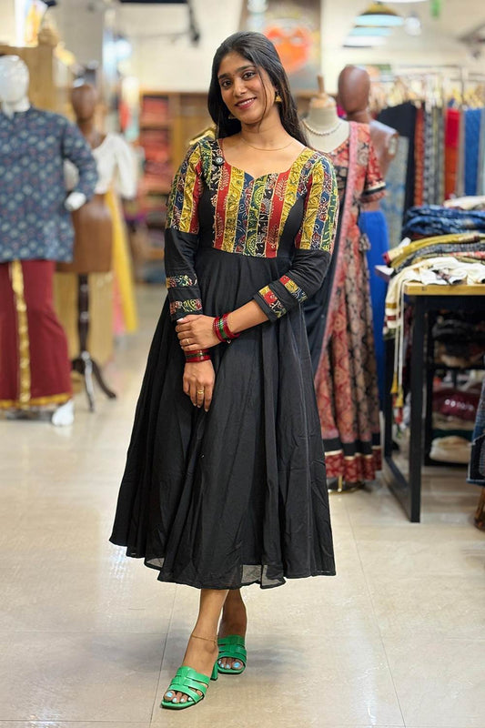 Black Mulcotton Umberlla Dress Multipatch Yoke