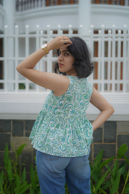 Aqua Blue Sanganeri Gathered Top