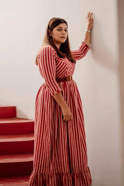 Red Striped Gathered Dress