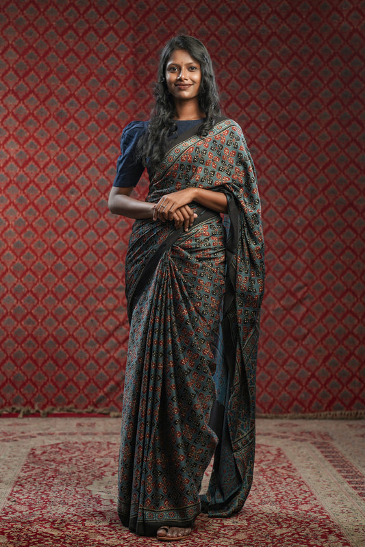 Blue Base Modal Silk Saree with Maroon Triangle Print