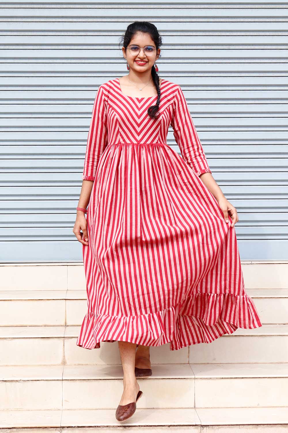 Red Striped Gathered Dress