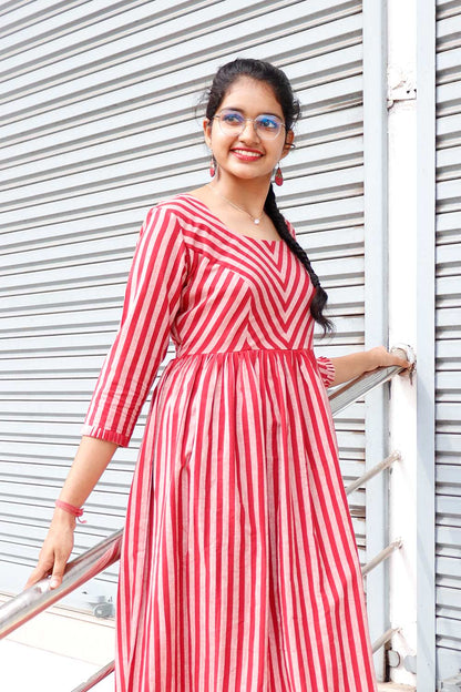 Red Striped Gathered Dress