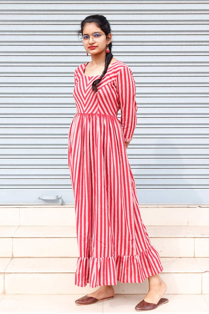 Red Striped Gathered Dress