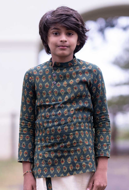 Green Ajrakh Boys Short Kurta